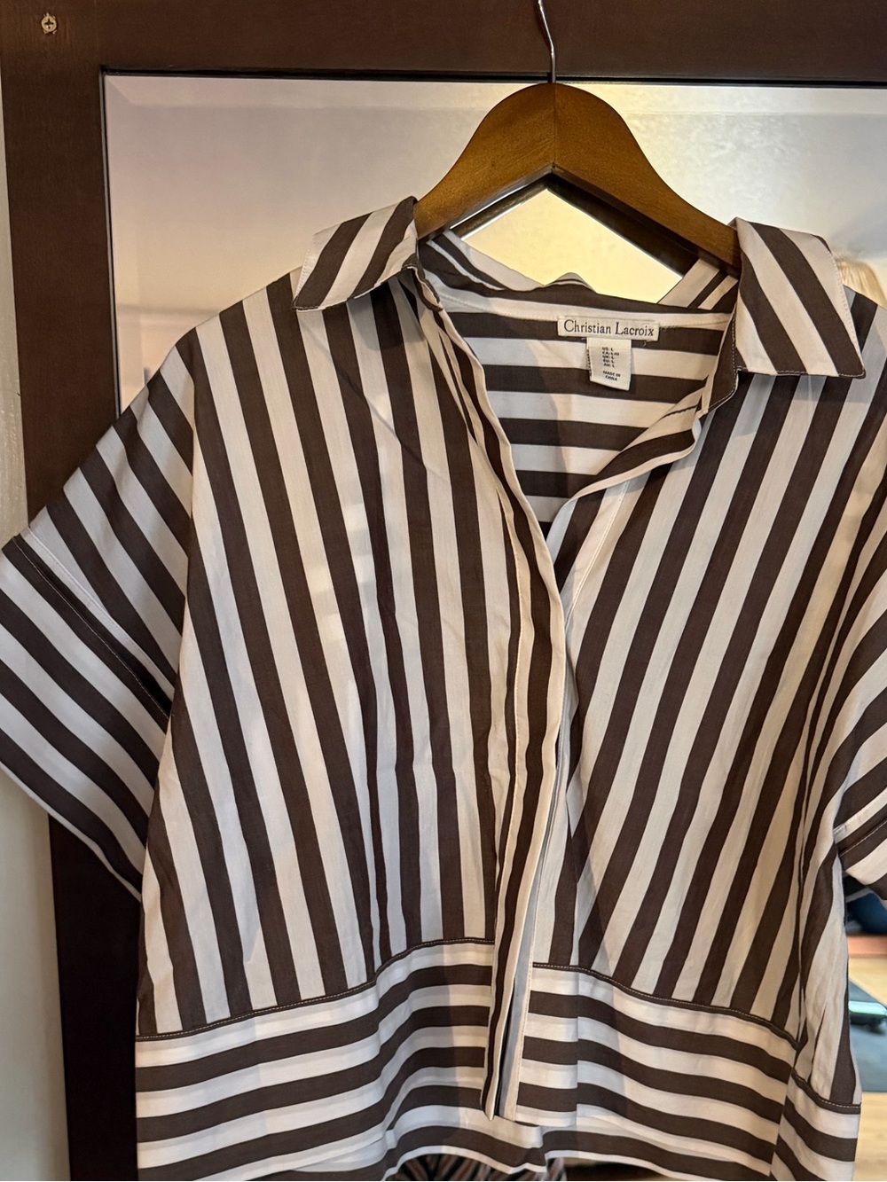 Christian Lacroix Brown and White Striped Cropped Button Shirt